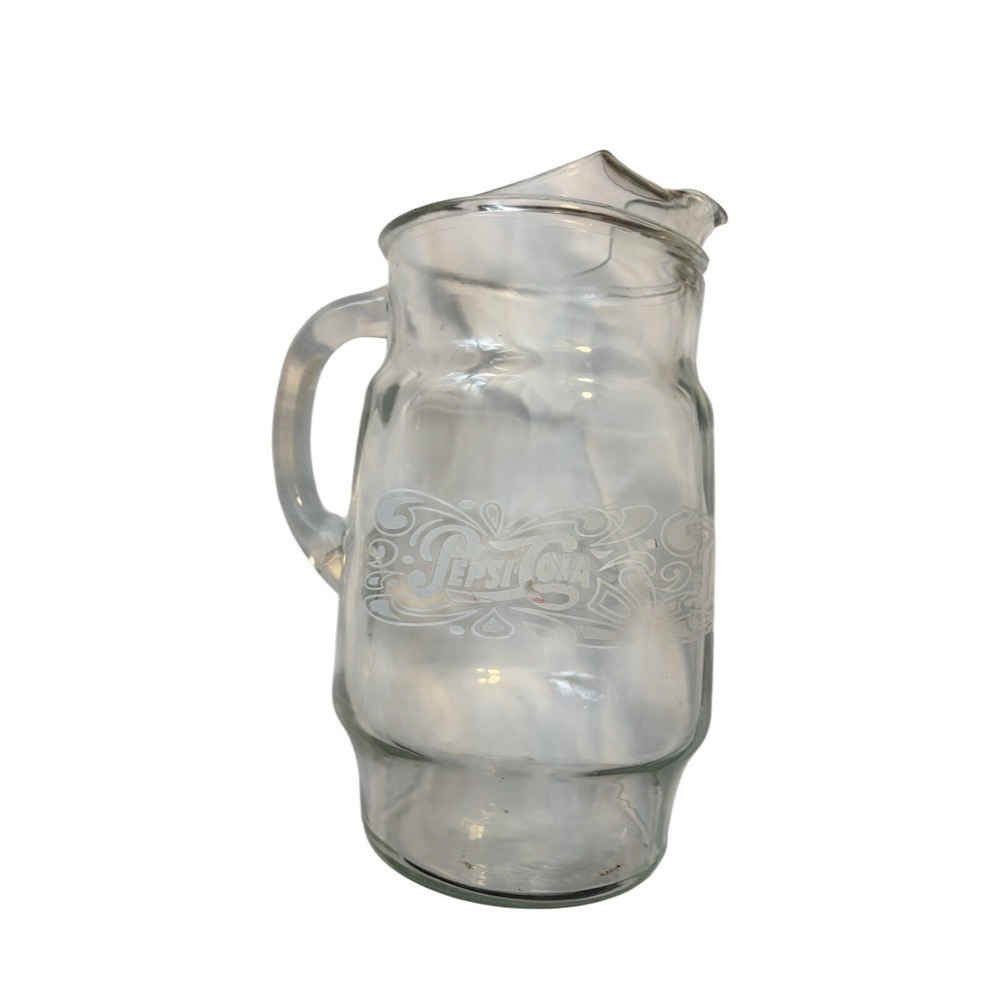 Vintage Pepsi-Cola Clear Glass Pitcher with Ice Lip Etched Logo Retro Soda Decor